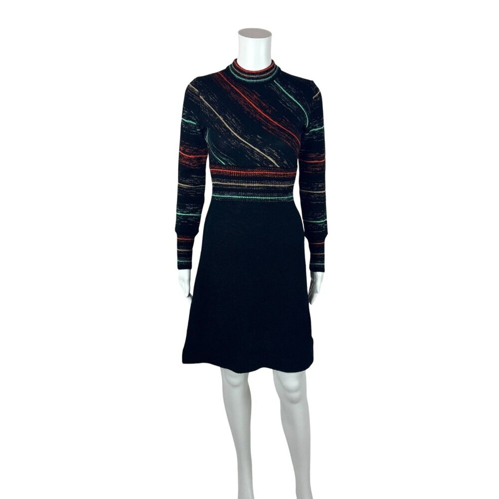 Vintage 70s Sweater Dress Womens Size XS Black Striped Acrylic Mini Babydoll
